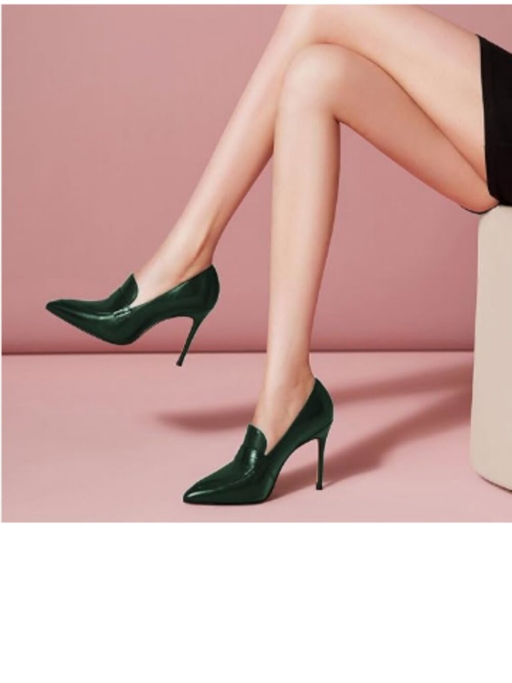 miss left Green High Heel Loafer Pumps with Trim Closed Pointed Toe Slip on Shoe